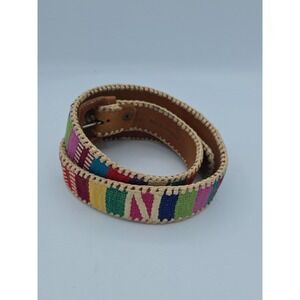 GUATEMALA BELT MULTICOLOR HAND WOVEN TEXTILE COTTON LEATHER‎ BUCKLE S 32"